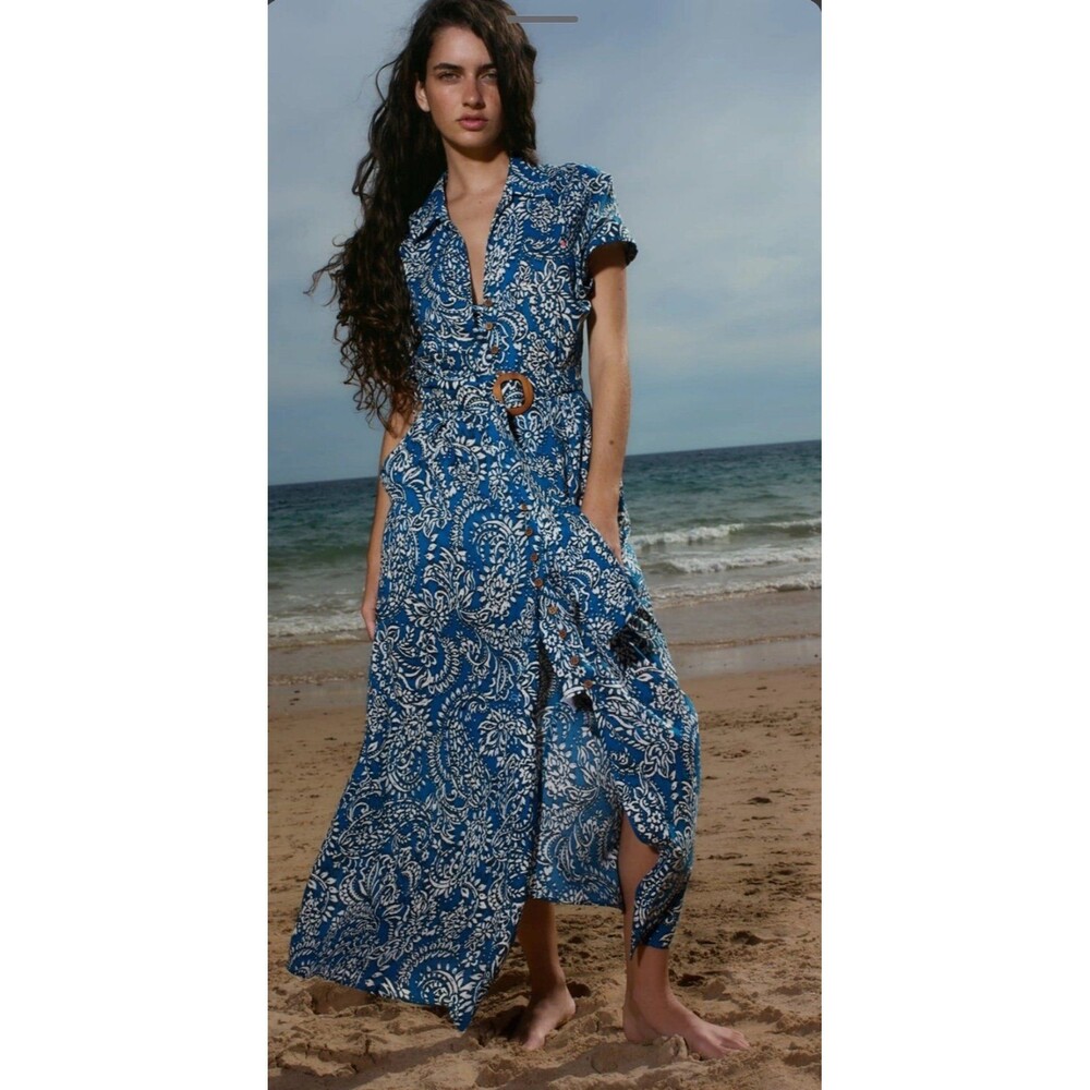 NO BELT Zara 100% Cotton Paisley Printed Bungee Loop Button Up Midi Dress M